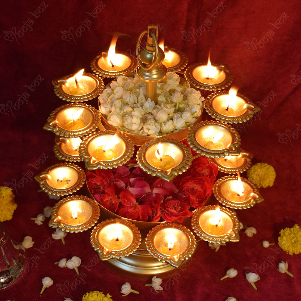 2 Layer Diwali Urli Traditional Peacock Diya Floral With Stand