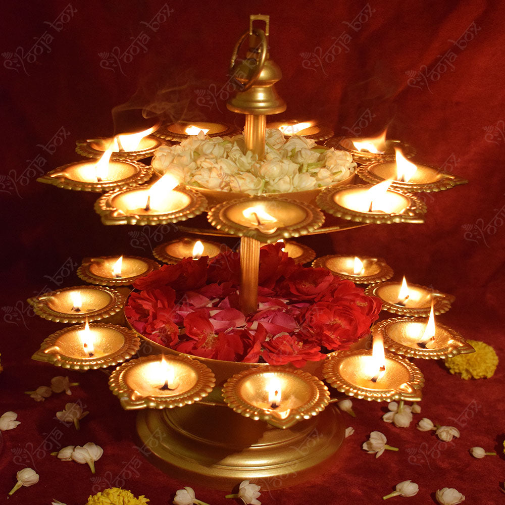 2 Layer Diwali Urli Traditional Peacock Diya Floral With Stand