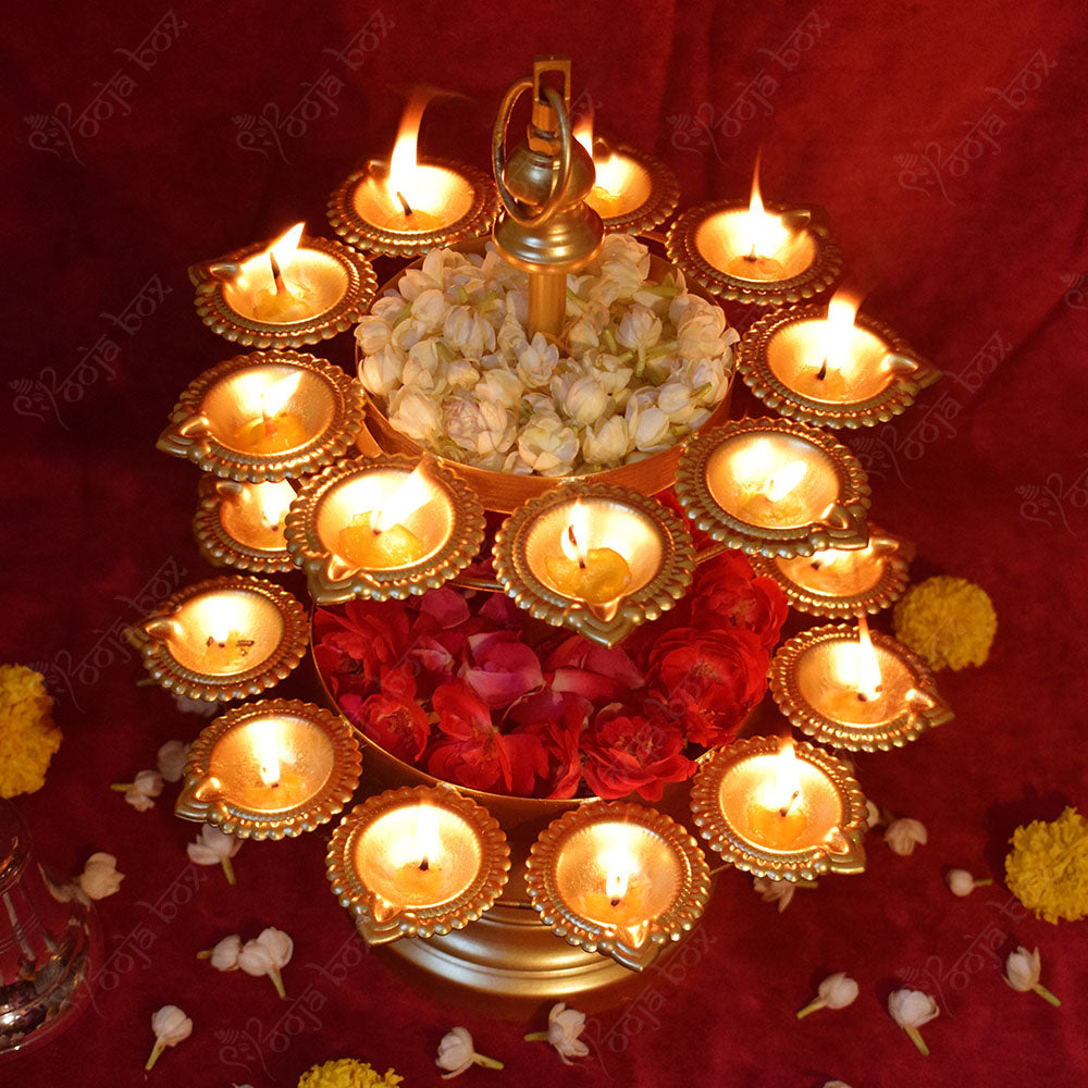 2 Layer Diwali Urli Traditional Peacock Diya Floral With Stand