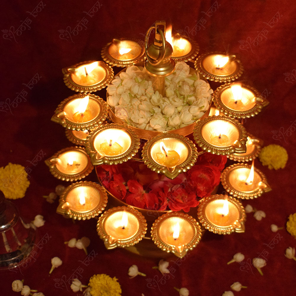 2 Layer Diwali Urli Traditional Peacock Diya Floral With Stand