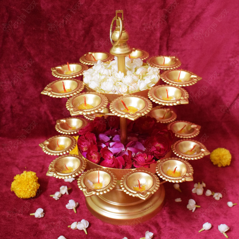 2 Layer Diwali Urli Traditional Peacock Diya Floral With Stand