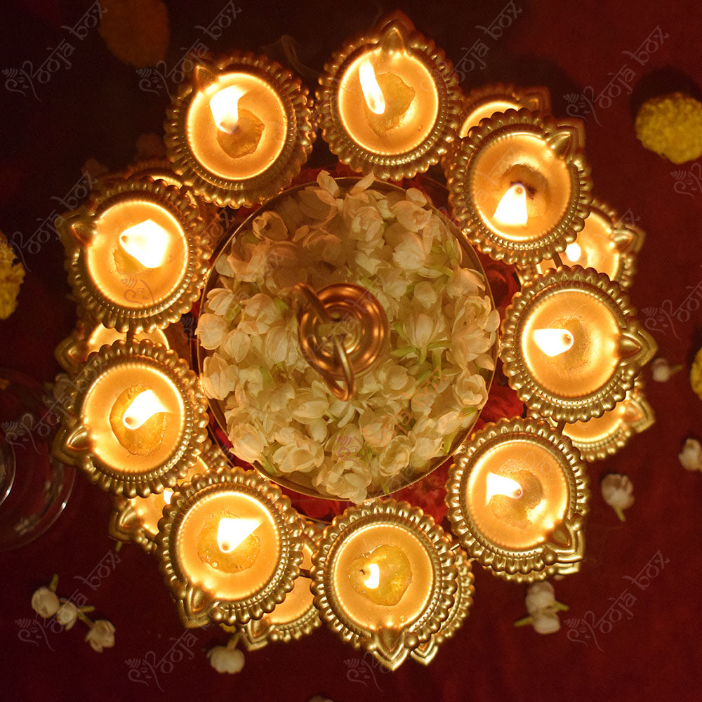 Traditional Peacock Diya Floral Diwali Urli With Stand