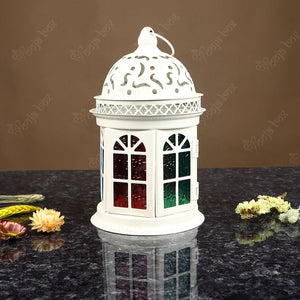 White Solid Iron and Glass Tea light Candle Holder Lantern For Festival and wedding Decor