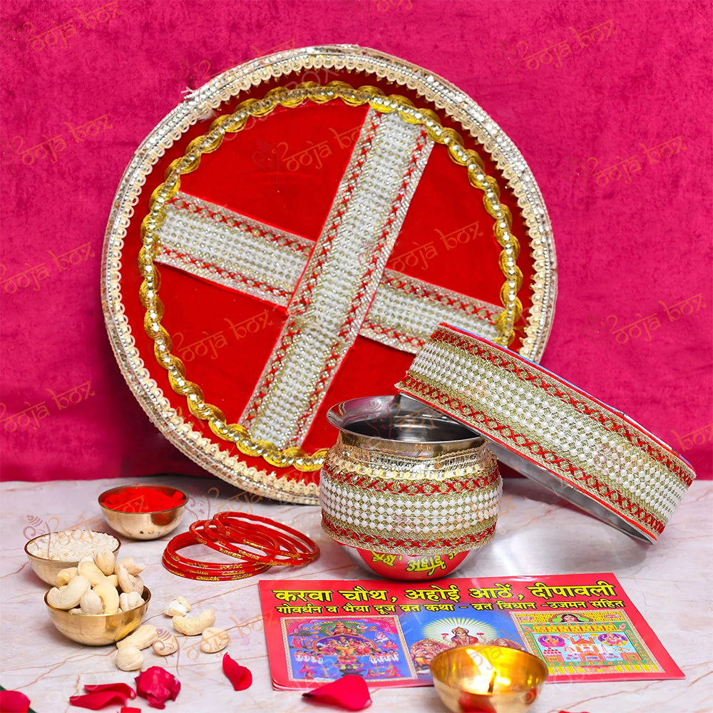 Handcrafted Red & Gold Gota Karwa chauth Thali Set