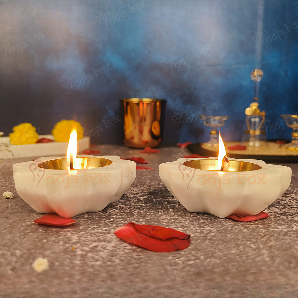 Antique Floral Marble Brass Diya